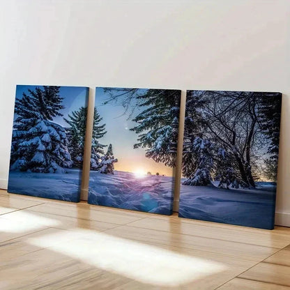 3pcs Winter Snow Scene Woods Sunrise Wall Art Set Canvas Framed 40x60cm - High Quality Print 100% Australian Made Wall Canvas Ready to Hang