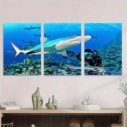 3pcs Vibrant Underwater Adventure with Sharks Metal Print Ready to Hang Art