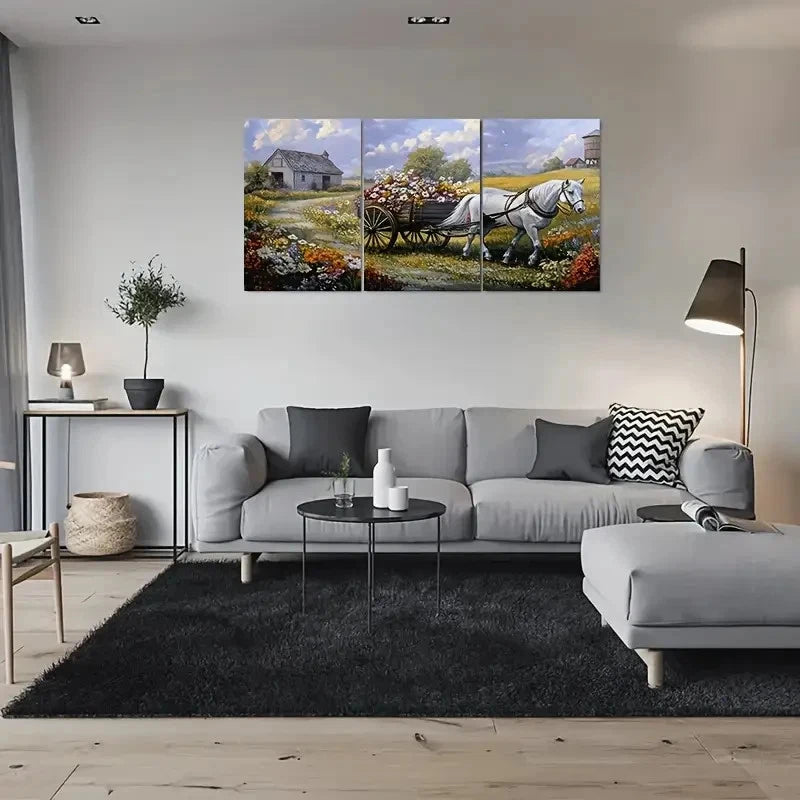 3pcs Elegant Horse and Flower Cart Greenery Metal Print Ready to Hang Art