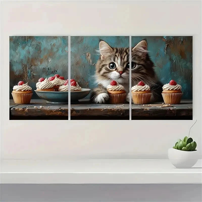 3pcs Painting Cute Cat Chef Cupcakes Metal Print Ready to Hang Art