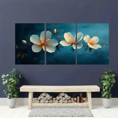 3pcs Blue Background with White Flowers Wall Art Canvas Unframed - High Quality Print 100% Australian Made Wall Canvas