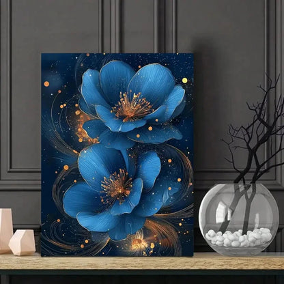 Blue Flowers with Golden Glitter, Swirls, And Dots  40x60cm Metal Print Ready to Hang
