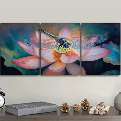 3pcs Dragonflies on for Lotus Flowers Metal Print Ready to Hang Art