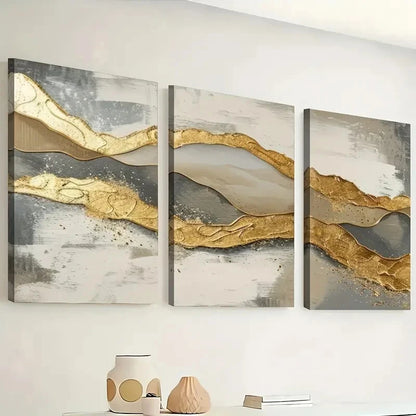3pcs Featuring Luxurious Golden Abstract Perfect Wall Art Set Canvas Framed 40x60cm - High Quality Print 100% Australian Made Wall Canvas Ready to Hang