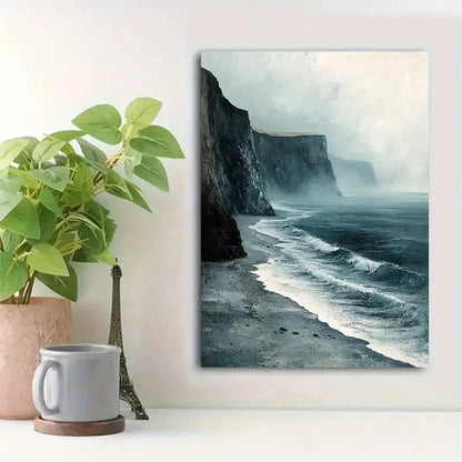 Beautiful Foggy Ocean & Rocky Cliffs Painting 40x60cm Metal Print Ready to Hang
