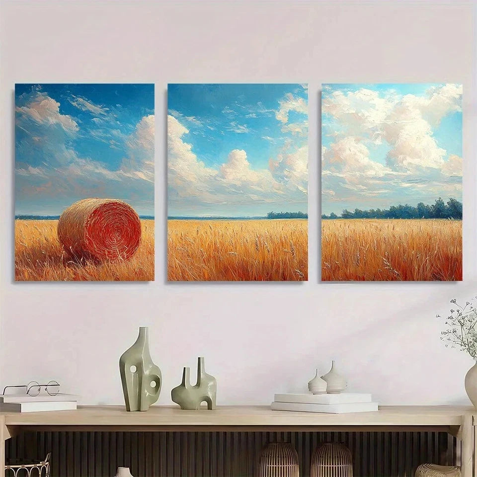 3pcs Vibrant Sunflower Field with Blue Sky Fluffy Metal Print Ready to Hang Art