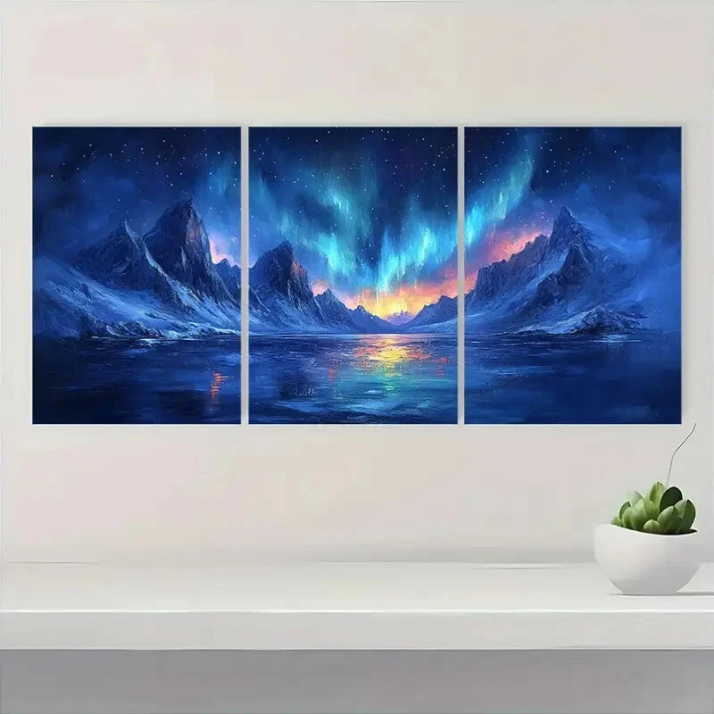 3pcs Aurora Borealis Snowy Mountains & Starry Sky Metal Print Ready to Hang Art