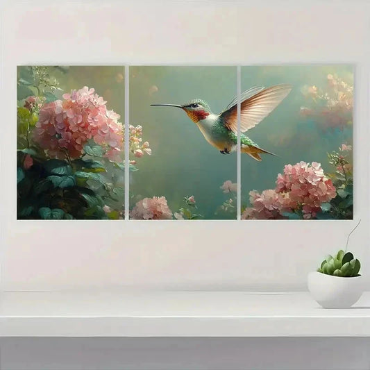 3pcs Vibrant Hummingbird & Hydrangea Perfect Wall Art Set Canvas Framed 40x60cm - High Quality Print 100% Australian Made Wall Canvas Ready to Hang