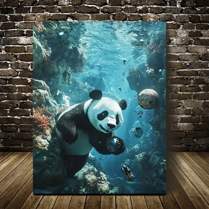 Whimsical Panda Playing with Ball Underwater Painting 40x60cm Metal Print Ready to Hang