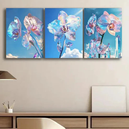 3pcs Glass Orchid Glittering Petals Perfect Wall Art Set Canvas Unframed - High Quality Print 100% Australian Made Wall Canvas