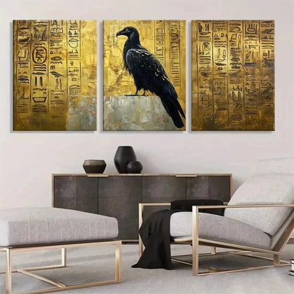 3pcs Ancient Egyptian Raven Golden Perfect Wall Art Set Canvas Framed 40x60cm - High Quality Print 100% Australian Made Wall Canvas Ready to Hang