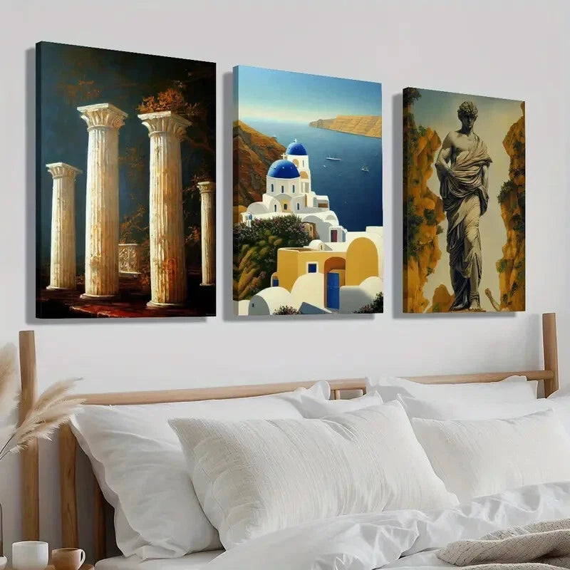 3pcs Santorini Island Landscape Statue Perfect Wall Art Set Canvas Framed 40x60cm - High Quality Print 100% Australian Made Wall Canvas Ready to Hang