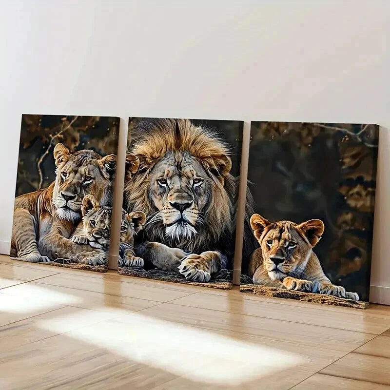 3pcs Lion Family Wildlife Nature Wall Art Set Canvas Framed 60x90cm - High Quality Print 100% Australian Made Wall Canvas Ready to Hang