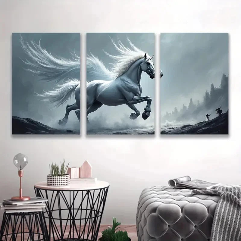 3pcs White Horse Flew By With Wings Wall Art Set Canvas Framed 60x90cm - High Quality Print 100% Australian Made Wall Canvas Ready to Hang