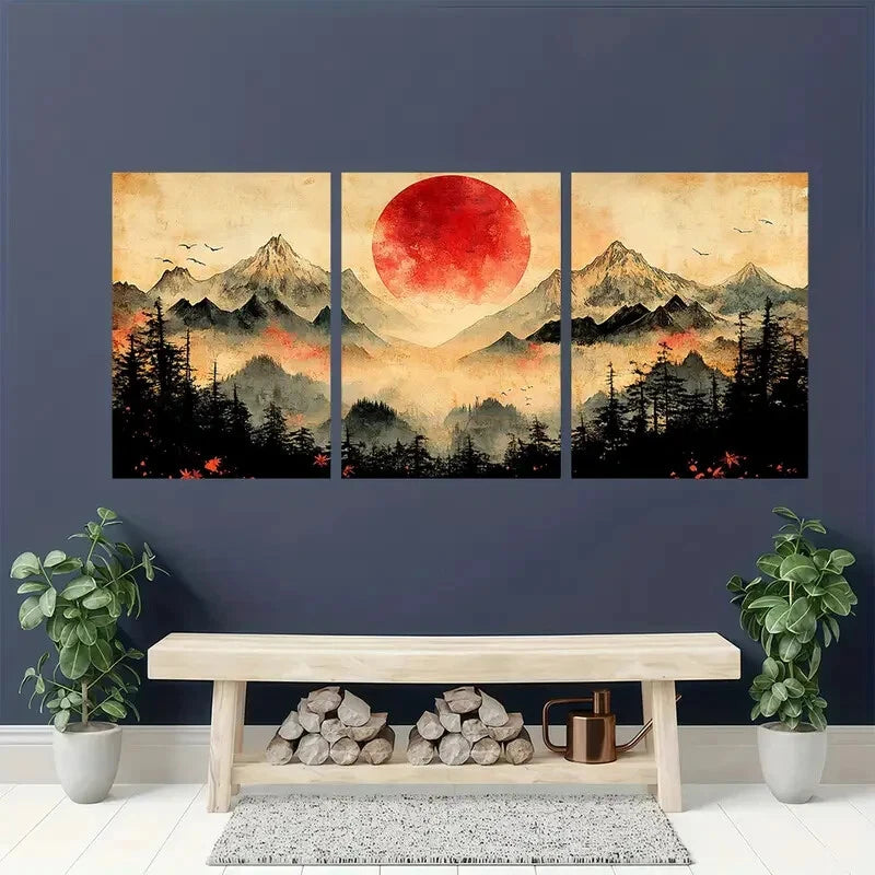 3pcs Sunrise Over The Mountains Retro Style Metal Print Ready to Hang Art