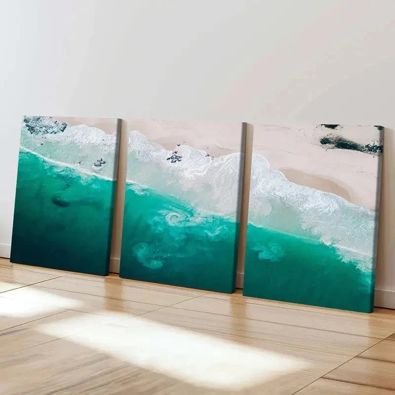 3pcs Turquoise Waves & Sandy Beach Wall Art Set Canvas Framed 40x60cm - High Quality Print 100% Australian Made Wall Canvas Ready to Hang