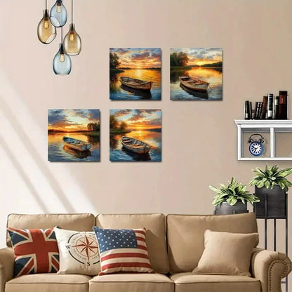 4pcsRustic Lakeside SunsetWall Art Canvas Framed