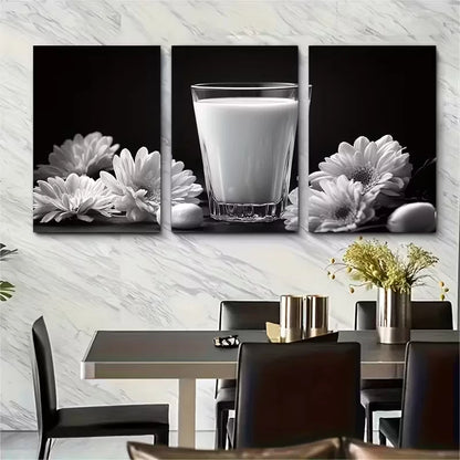 3pcs Black and White Minimalist Glass of Milk Metal Print Ready to Hang Art