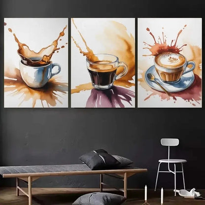 3pcs Coffee Cups Espresso Latte Art Painting Metal Print Ready to Hang Art