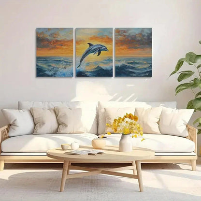 3pcs Vivid Sunset Ocean Waves with Dolphins Metal Print Ready to Hang Art