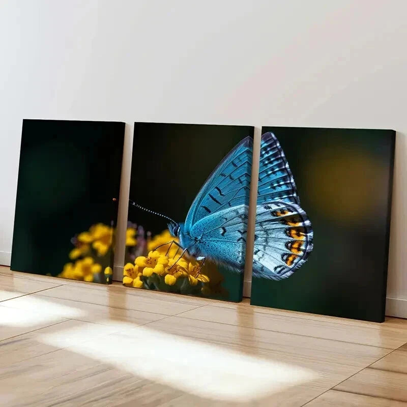 3pcs Vibrant Blue Butterfly with Yellow Flower Wall Art Set Canvas Framed 40x60cm - High Quality Print 100% Australian Made Wall Canvas Ready to Hang