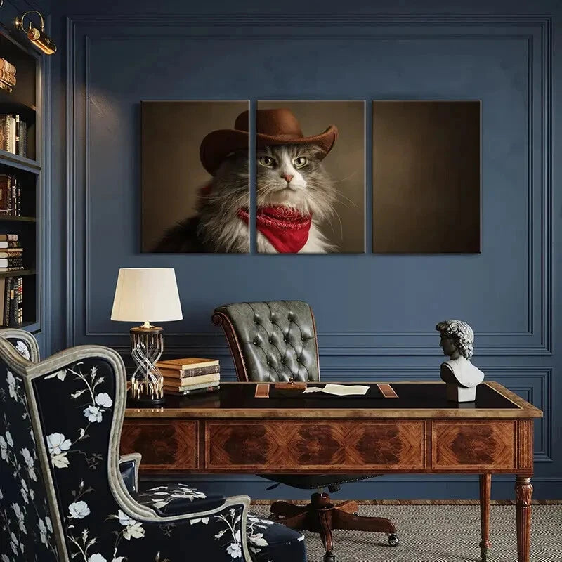 3pcs Western Cat Vintage Cowboy Hat & Red Bandana Metal Print Ready to Hang Art