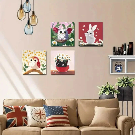 4pcs Whimsical Cartoon Animal & Botanical Daisy Wall Art Canvas Framed