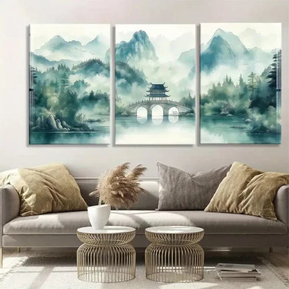 3pcs Serene Misty Mountain Bridge Lush Scene Wall Art Canvas Unframed – High Quality Print 100% Australian Made Wall Canvas