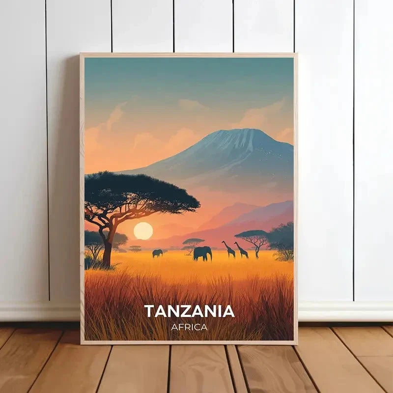 Tanzania Africa Vibrant Minimalist Sunset Travel Poster Print Wall Art