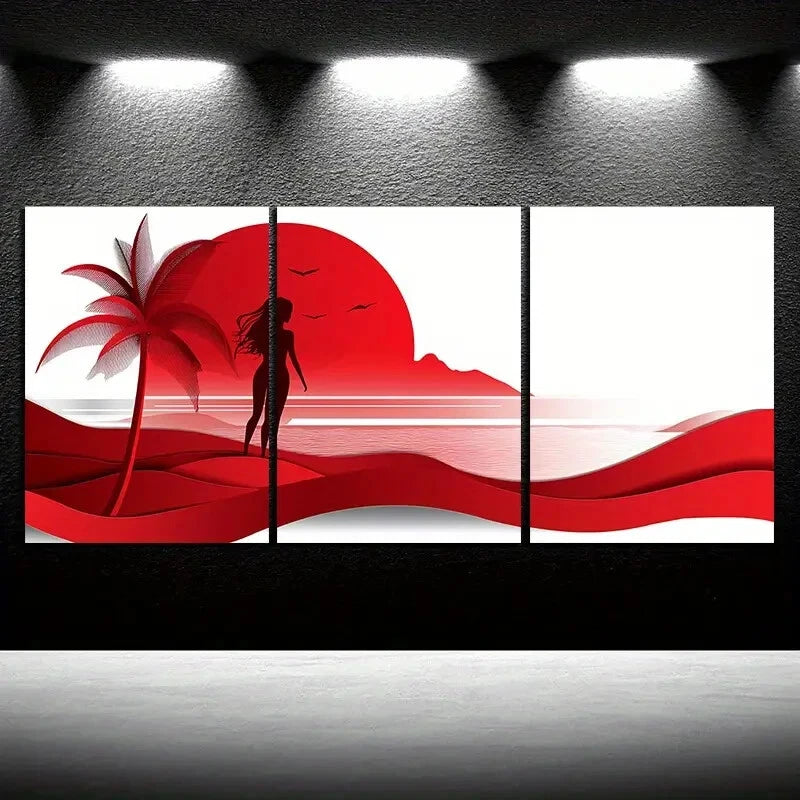 3pcs Red Coconut Trees And Women on The Beach Metal Print Ready to Hang Art