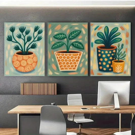 3pcs Botanical Green Leaves & Potted Plants Metal Print Ready to Hang Art