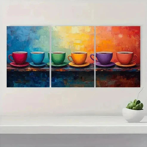 3pcs Vibrant Coffee Cup Canvas Art Wall Art Set Canvas Unframed – High Quality Print, 100% Australian Made Wall Canvas