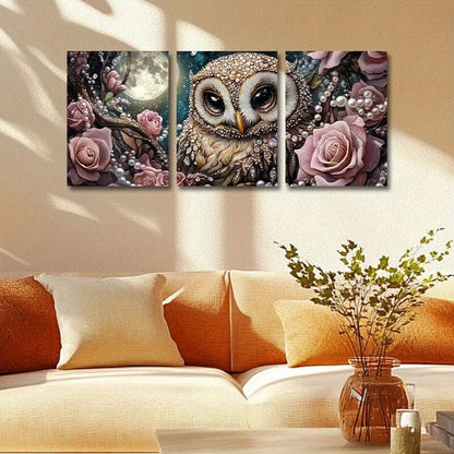 3pcs Adorable Baby Owls with Moonlit Floral Metal Print Ready to Hang Art