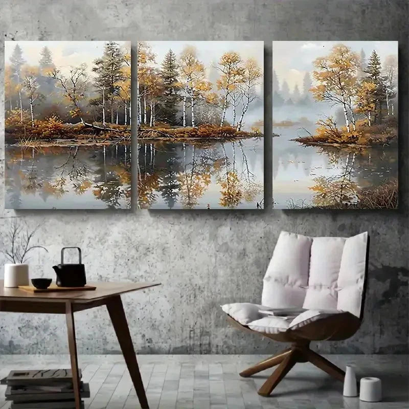3pcs Autumn Reflections Serene Lake & Trees Metal Print Ready to Hang Art