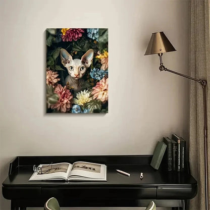 Charming Sphynx Kitten with Vibrant Flowers Painting 40x60cm Metal Print Ready to Hang