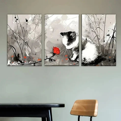 3pcs Whimsical Cat with Red Flower Wall Art Set Canvas Unframed - High Quality Print 100% Australian Made Wall Canvas