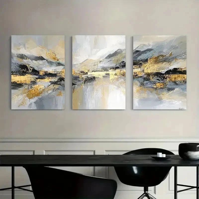 3pcs Golden And Silvery Accent Abstract Metal Print Ready to Hang Art