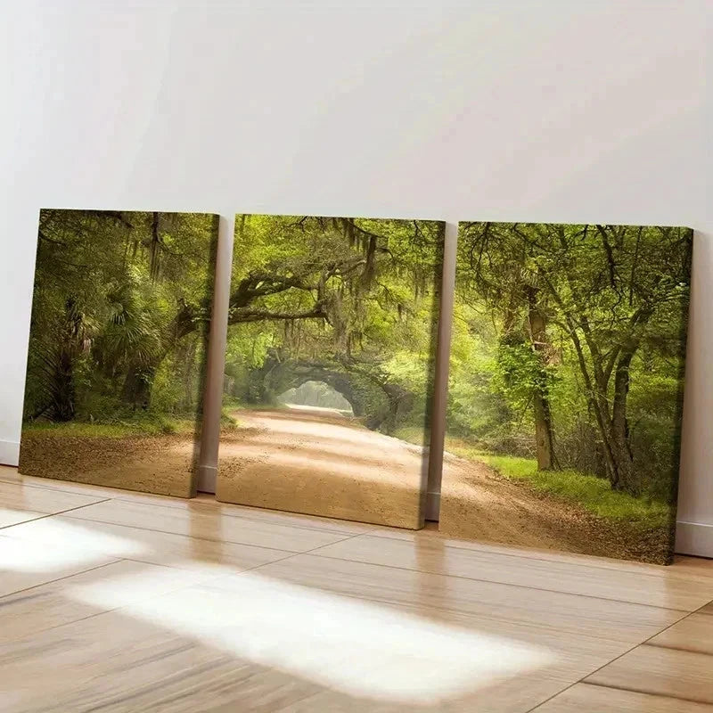 3pcs Serene Sunlit Forest Tree Lined Pathway Wall Art Set Canvas Framed 40x60cm - High Quality Print 100% Australian Made Wall Canvas Ready to Hang