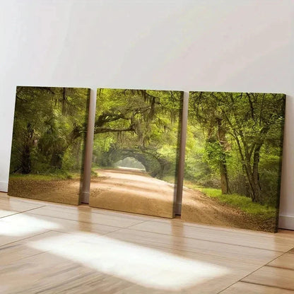 3pcs Serene Sunlit Forest Tree Lined Pathway Wall Art Set Canvas Framed 40x60cm - High Quality Print 100% Australian Made Wall Canvas Ready to Hang