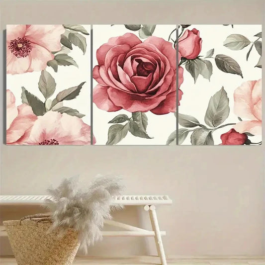 3pcs Pink Roses & Peonies with Green Leaves Wall Art Set Canvas Framed 40x60cm - High Quality Print 100% Australian Made Wall Canvas Ready to Hang