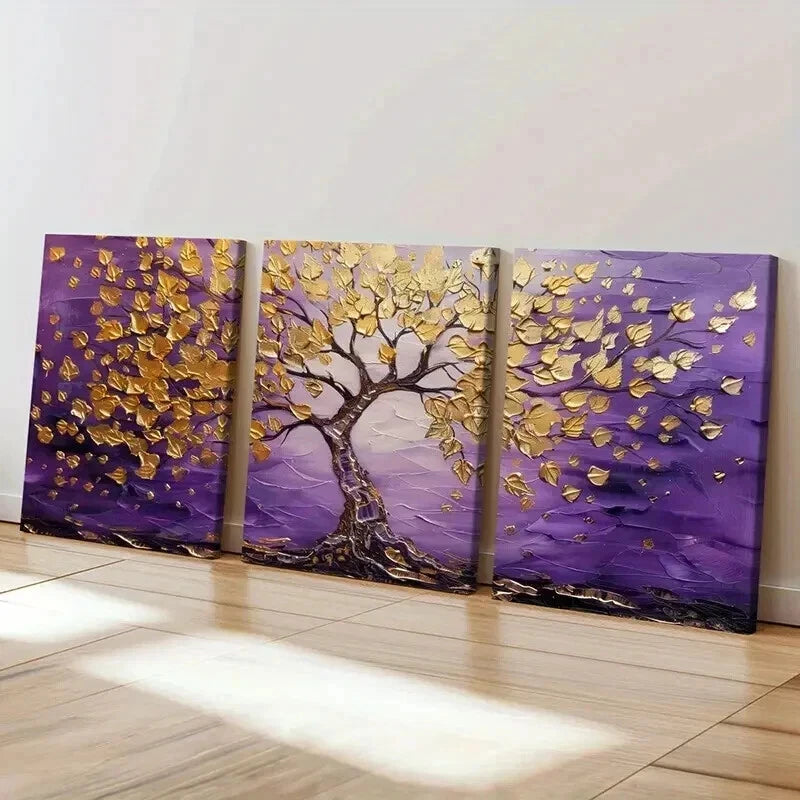 3pcs Abstract Golden Tree Purple Sky Wall Art Set Canvas Framed 40x60cm - High Quality Print 100% Australian Made Wall Canvas Ready to Hang