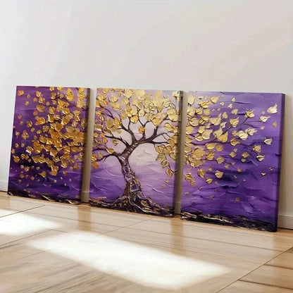 3pcs Abstract Golden Tree Purple Sky Wall Art Set Canvas Framed 40x60cm - High Quality Print 100% Australian Made Wall Canvas Ready to Hang