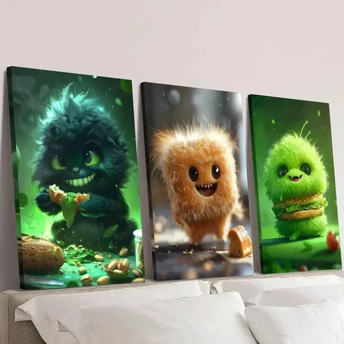3pcs Cute Green Furry Food Monster Wall Art Canvas Unframed - High Quality Print 100% Australian Made Wall Canvas