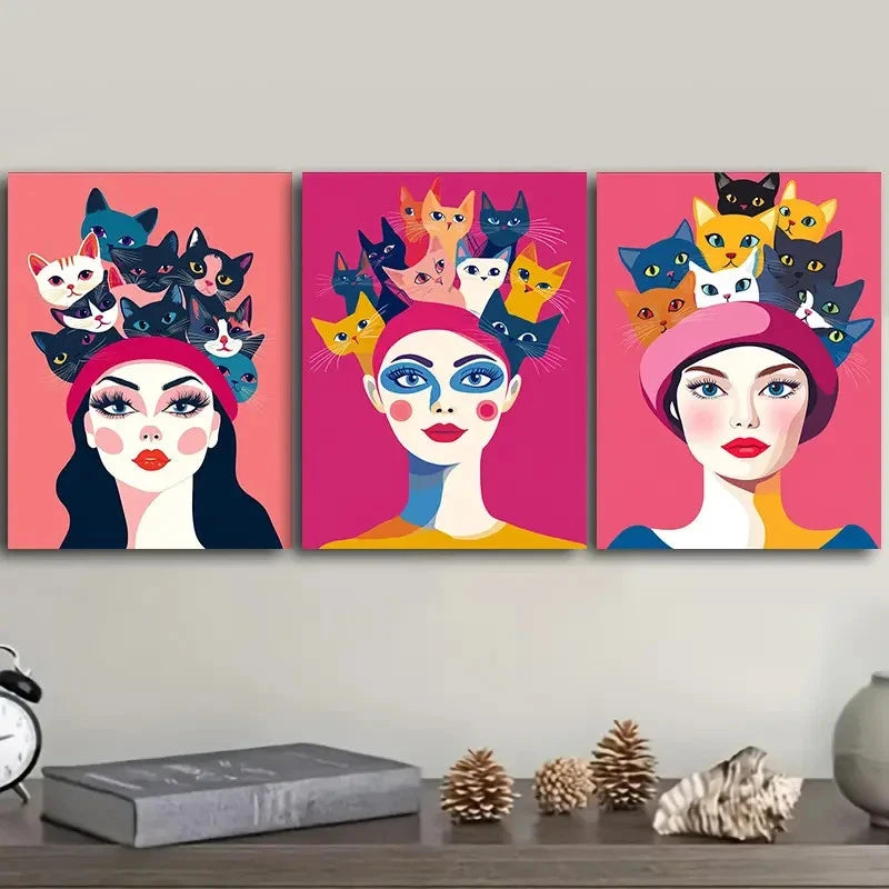 3pcs A Cat on the Head Art Painting Metal Print Ready to Hang Art