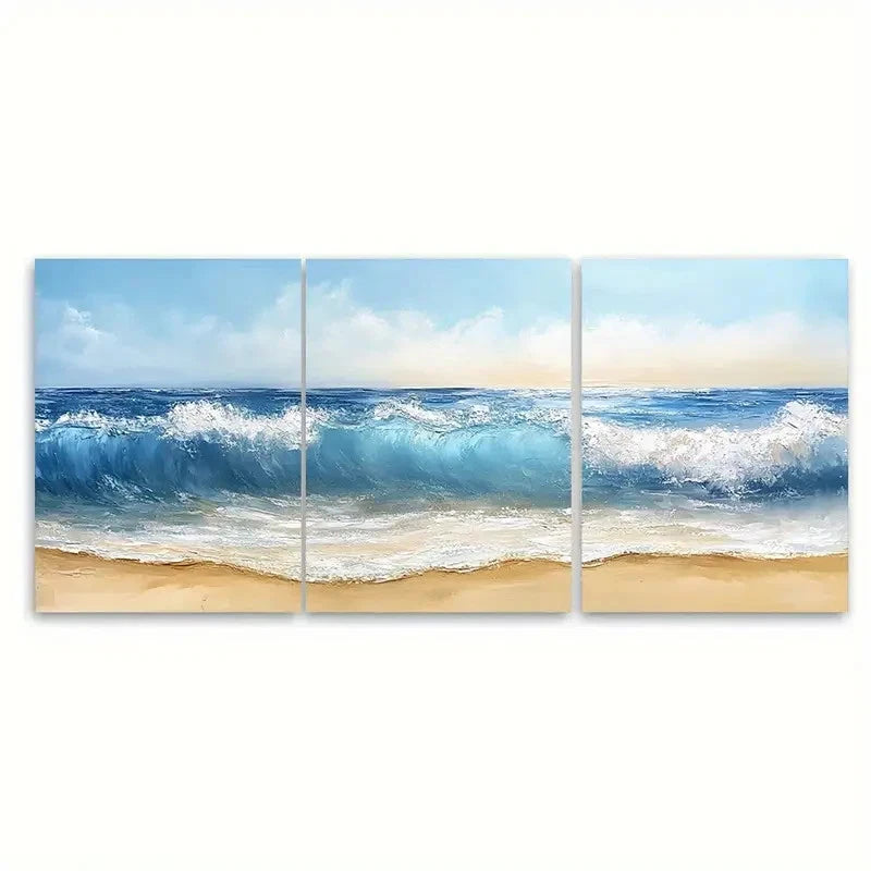 3pcs Beach Waves Seascape Painting RL Wall Art Set Canvas Framed 50x70cm - High Quality Print 100% Australian Made Wall Canvas Ready to Hang