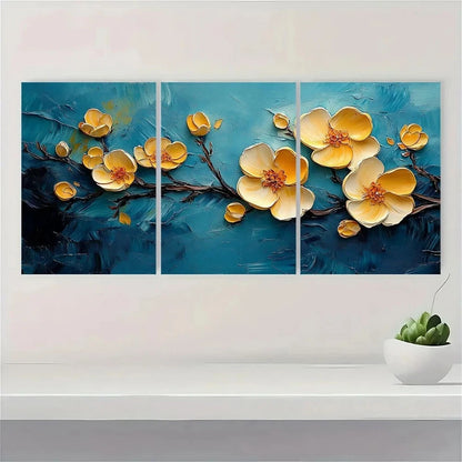 3pcs Yellow Flower Branch Textured Metal Print Ready to Hang Art