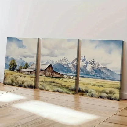 3pcs Mountain Barn Rustic Landscape Snowy Peak Wall Art Set Canvas Framed 40x60cm - High Quality Print 100% Australian Made Wall Canvas Ready to Hang
