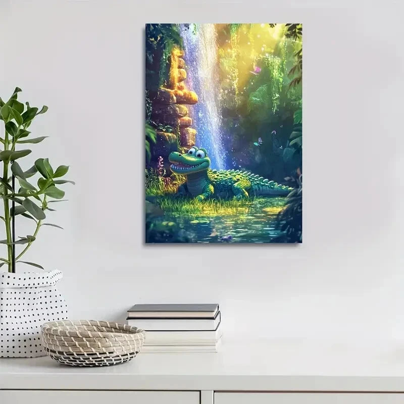 Cartoon Style Scene of Crocodile Rolling Painting 40x60cm Metal Print Ready to Hang