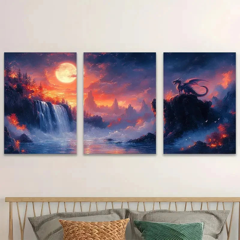 3pcs Dragon Watches Waterfall Under Fiery Moon Wall Art Set Canvas Framed 50x70cm - High Quality Print 100% Australian Made Wall Canvas Ready to Hang