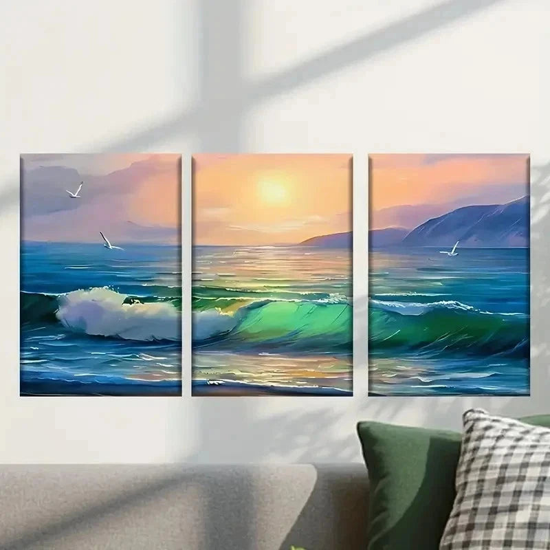 3pcs Vibrant Ocean Wave & Sunset Wall Art Set Canvas Framed 40x60cm - High Quality Print 100% Australian Made Wall Canvas Ready to Hang